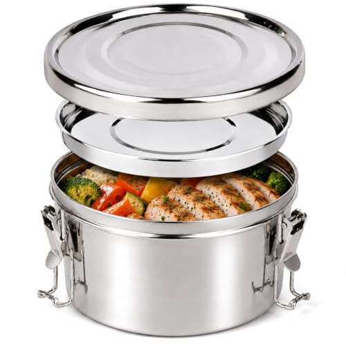 TIENDA EURASIA - Fiambrera Acero Inoxidable Redonda, con 2 Platos Incluidos, Porta Comida y Frutas, Fiambrera Cómoda para Viajes en Coche, Fácil para Llevar los Alimentos (16 cm)
