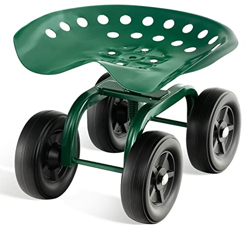 COSTWAY Carrito de Jardín con Asiento Giratorio de 360° y Altura Ajustable, Carro de Taburete de Jardinería con Ruedas, Taburetes Móvil para Jardinería para Jardín, Césped y Patio Trasero (Verde)