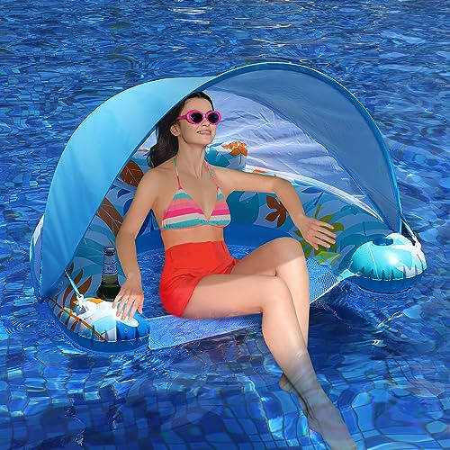 LAYCOL Adult Inflatable Pool Chair with Canopy, Ergonomic Headrest, Cup Holder, Blue, 47.5 x 37.5 x 27.5