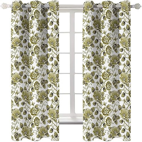 Homxi Küchen Gardinen Blickdicht 2er Set,2 x 137W x 160H cm,Blickdichter Vorhang Thermo Hellgrün Weinrebenblüten Ösen Vorhang