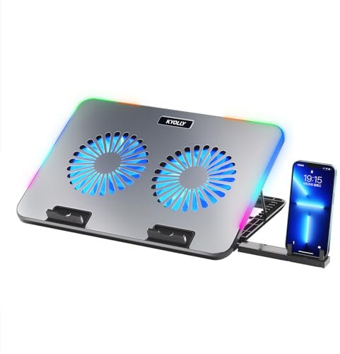 KYOLLY RGB Gaming Laptop Cooling Pad with Metal Panel, 2 Ultra Quiet Big Fans, 10 Lighting Modes, Phone Stand & 7 Height Adjustable Ergonomic Cooler for 10-15.6 Inch Laptops