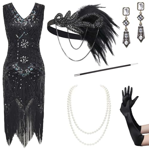 BABEYOND Robe Gatsby le Magnifique des années 1920 avec col en V, perles et franges pour femmes, Noir , L