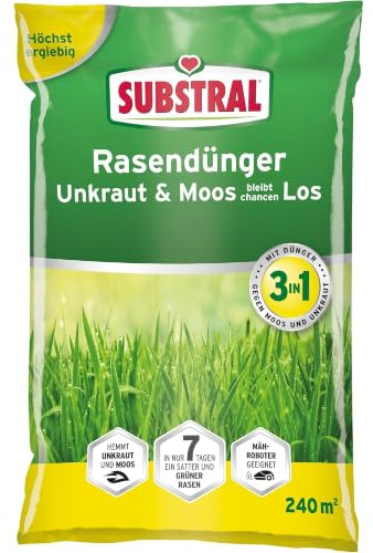 Substral Rasendünger Unkraut & Moos bleibt chancenlos 7,2kg 240m² | Sattgrüner Rasen in 7 Tagen | Dichter kräftiger Rasen | Vorbeugende Anwendung