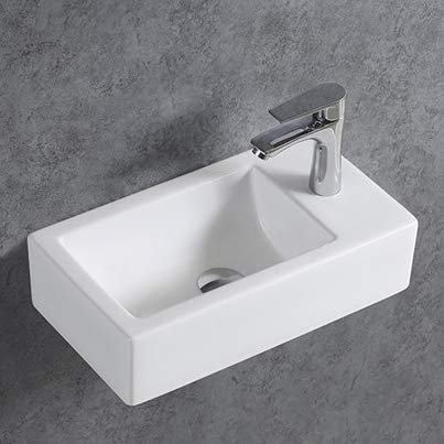 BERNSTEIN Wandwaschbecken aus Keramik KW302 - Ideal für Gäste-WCs - 45,5 x 25 x 12 cm - Ablagefläche Rechts - 5 Jahre Garantie - Waschbecken in Weiß glänzend, Mit Ablaufgarnitur (Blende Chrom)