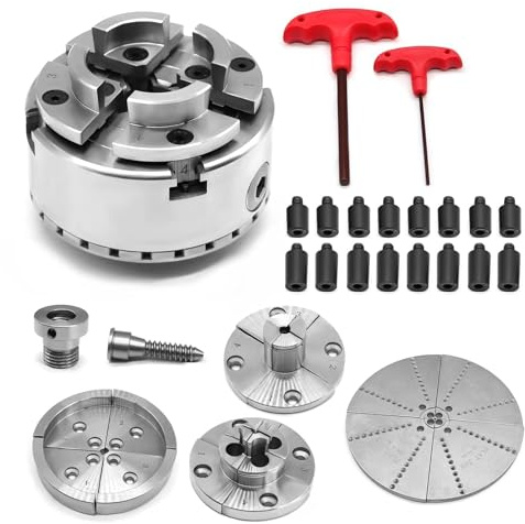 Aspaton 3.75-Inch 4 Jaw Wood Turning Lathe Nickel Plated Chuck and Cutting Jaws Kit with T-Wrench and 6 Corner Star Fasteners 1 Inch x 8TPI