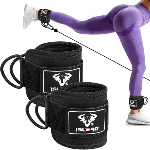 Islero PAIR of Double D Ring Ankle Cuffs Weight Lifting Leg Workout Pulley Cable Machines attachment Hook Gym Straps Neoprene padded support wraps Bodybuilding SOLD AS PAIR (Matte Black)