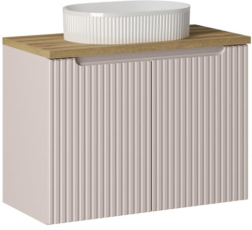 Lomadox Badezimmer Waschtisch 80cm mit Aufsatz-Waschbecken, Kaschmir und Eiche, gerillte Front