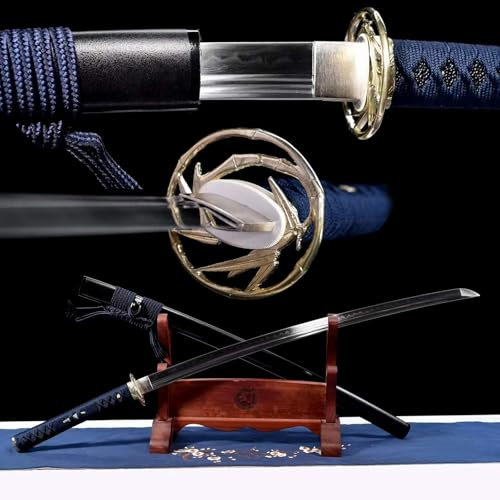 103cm handgefertigte Katana,Klinge aus T10-Stahl mit Von Hand gebranntes Wellenmuster,Scheide aus massivem Holz und Handschutz aus weißem Kupfer,echte Samurai schwert für Kendo-Training,Sammeln,Iaido