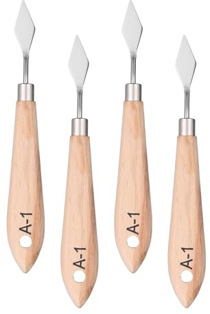 sourcing map 4Pcs Palette Knives Painting Tool 6.3 Stainless Steel Blade Spatula Painting Pallet Knife with Hole Design Beech Wood Handle for Oil Acrylic Canvas Color Mixing