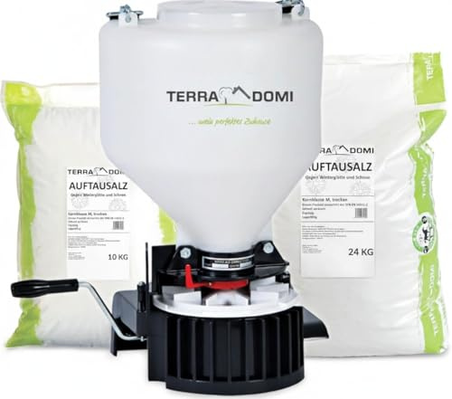 TerraDomi Streusalz 24kg | Gegen Winterglätte und Schnee | Kornklasse M | Auftausalz | + Universal Streuer | Manuelles Streugerät für Dünger Saatgut & Wintersalz | 9L Behälter