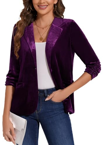 MINTLIMIT Womens 3/4 Sleeve Velvet Blazers with Notch Lapel One Button Business Jackets Half Lined with Pockets for Winter Fall (Purple M)