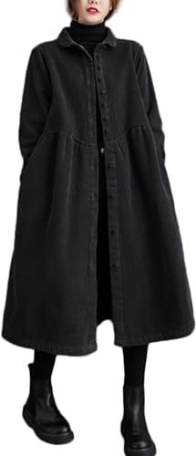 Cappotto Lungo in Velluto A Coste da Donna Bottone con Tasche Abito Cappotto Vintage Sciolto Casual Giacca A Maniche Lunghe da Donna Autunno Inverno Elegante Cappotto al Ginocchio (Nero,L)