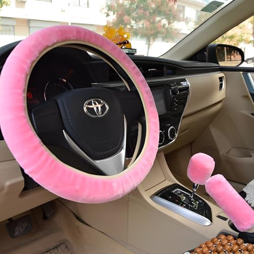 ZEPIQOR 3 Pcs Couvre Volant Voiture en Peluche, Housse de Volant d'hiver, Rose, 38 cm