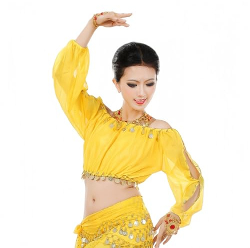 TouKingda Damen Bauchtanz Top Glitzer Münzen Lange Ärmel Crop Tops für Tribal Bauchtanz Spitze Cutout Schulterfrei Bluse Top Dancewear Performance Outfit für Festival Karneval Bühnenshow, gelb,