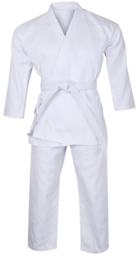 Lisaro Karatdräkt vit för barn och vuxna – kampsportdräkt Karate Gi inkl. byxor med elastiskt midjeband och bälte – andningsaktiv och robust – för träning, dojo, klubb och tävling, Vit, 120