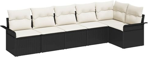 vidaXL 6 Delar Trädgårdsoffa Set med Kuddar Svart Poly Rattan