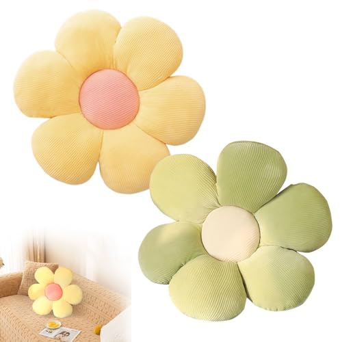 Blume Bodenkissen, 2 Stück Blumenbodenkissen Sitzkissen, 38x38cm Blumenboden Kissen Tatami Blumenförmiges, Weiches Blütenblattkissen, Kissen Blumenform für Schlafzimmer Sofa Couch(Grün und Gelb)