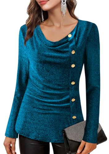 Bodhi talk Langarmshirt Damen Elegant: Festliche Glitzer Oberteil Damen - Festliches Herbst Outfit Zur Party - Elegante Bluse mit Wasserfallausschnitt