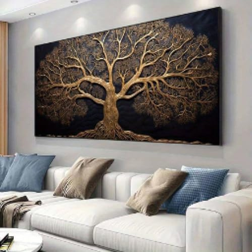 XINBAO Toile Arbre de vie, peinture noire et dorée, décoration murale pour salon, chambre à coucher, affiches et impressions contemporaines 70 x 140 cm avec cadre