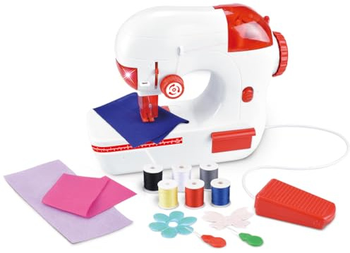 BAKAJI Macchina da Cucire Giocattolo per Bambini con Filo e Accessori, Cucitrice Gioco per Ragazzi Rossa con Pedale di Avviamento, Fili di Diversi Colori, Regolatore di Intensità, Idea Regalo