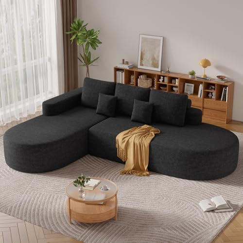 Hawthyhome L Form Ecksofa mit Schlaffunktion 285cm Schwarz | Chenille Schlafsofa,Boneless Couch, Wohnlandschaft Schlafcouch,Sofa Bed Sofabett mit Abgerundeter Chaise Longue,3 Sitzer