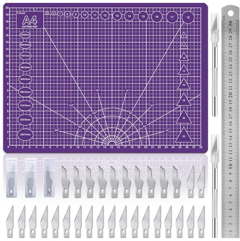 Miuzei A4 Cutting Mat Set: Self Healing Craft Mat with Steel Ruler, 30×22CM, Craft Board for DIY Projects, Sewing, Paper, Scrapbooking and Model Making (Purple)