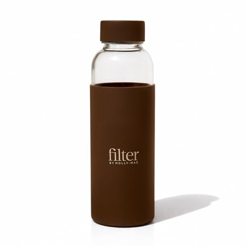 Filter by Molly-Mae Glass Water Bottle 500ml | Premium Leakproof Bottle with Rubber Grip Sleeve | Reusable Glass Bottle for Water, Cold Drinks & Juice
