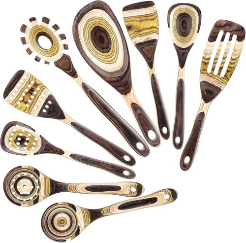 9 Pack Pakkawood Wooden Kitchen Utensil Set | Heat Resistant & Non-Stick Cooking Tools with Soup Ladle, Spatulas, Pasta Server & Spurtle for Housewarming & Wedding Gifts