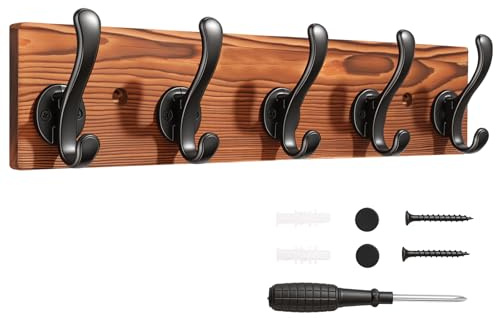 Dntorx Wall Mounted Coat Rack, 15.8 Inch Wooden Coat Hooks Rail, 1 Pack | Pine Wood Base, Rust-Resistant Zinc Alloy Hooks, Wide-Spaced Design, Easy Wall Installation, For Coats, Hats, Bags And Towels