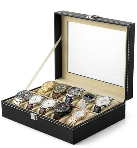 SUNNYNEST Watch Box with Slots, Watch Case with Glass Lid, PU Leather Watch Storage Box with Removable Velvet Pillows, Metal Clasp, Ideal Gift for Men and Women, Birthday Gift (10-Grid)