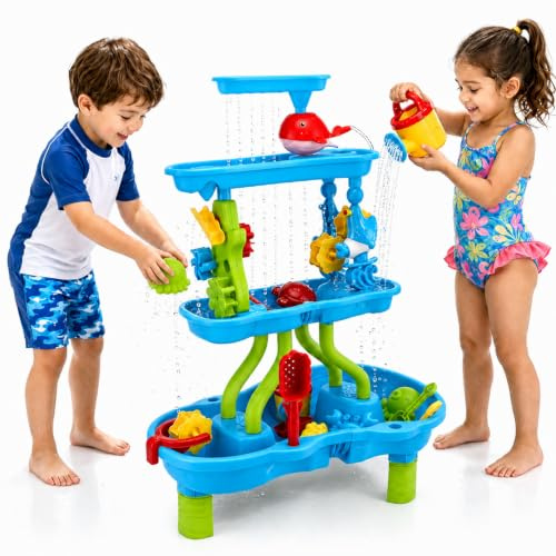 Normodic Tavolo da gioco per bambini all'aperto, tavolo per sabbia e acqua a 4 livelli, con accessori per sabbiera, tavolo dell'acqua per bambini dai 3 anni in su, giocattolo d'acqua per esterni