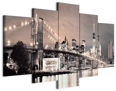murando - Wandbilder XXL New York City 200x100cm 5 tlg - Wand Deko Leinwand Bilder Groß Wanddeko Wohnzimmer Schlafzimmer Kunstdrucke - City Brooklyn Bridge Brücke Stadt Nacht Lights