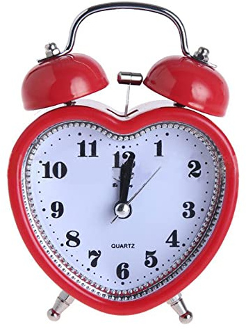 3in Loud Twin Bell Alarm Clock Silent Analog Quartz Nightlight Clock (Heart Shape Red)