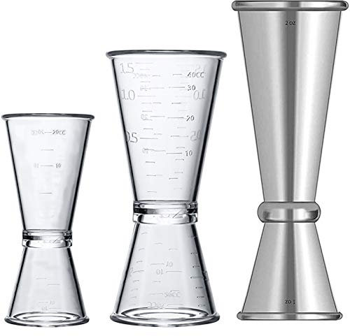 Dubbel klar plast och rostfritt stål japansk stil jigger, set med 3, cocktail mätglas dryckessprit mått kopp för barfest köksverktyg