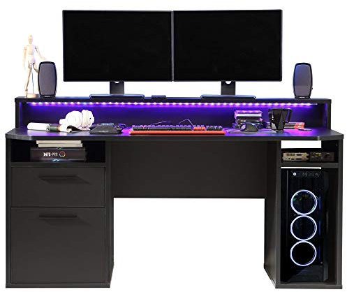 FORTE TEZAUR Gaming Schreibtisch mit 1 Tür und 1 Schublade, Holzwerkstoff, Schwarz matt, 91 x 160 x 72 cm