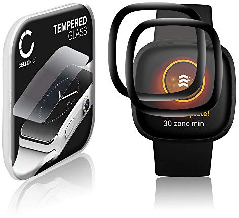 CELLONIC 2x Screen Protector for FitBit Versa 3 / Sense Fitness Tracker Smart Watch Face Protector - 3D Full Cover 0,30mm Full Glue 9H Tempered Glass Display Cover Black