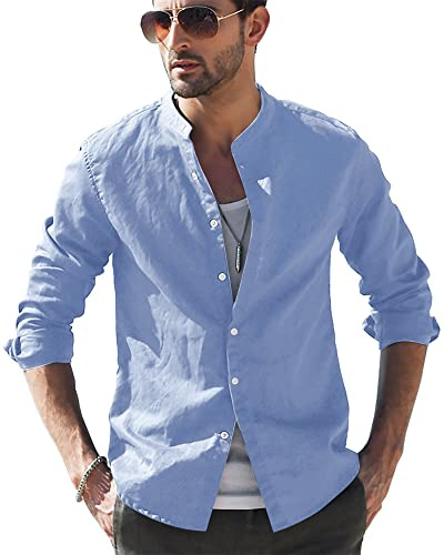 LVCBL Camisa de verano estilo Henley de manga larga para hombre, camisa de lino, corte regular, camisas para hombre, XXXL