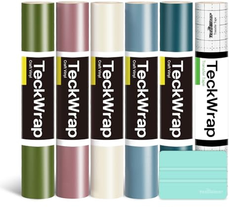 TECKWRAP Permanent Adhesive Vinyl Bundle for Crafting Cutter 12 x 36/Rolls (Matte Olive,Rose Gold,Ivory White,Cobalt Blue,Teal)