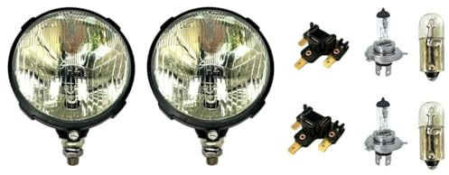 MelTruck 2x H4 Scheinwerfer 12V/24V mit Stecker und Glühbirnen – Fernlicht Abblendlicht Positionslicht – IP55 E20, Oldtimer für Schlepper Trekker Melex Traktorscheinwerfer