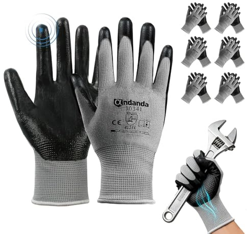 ANDANDA Men‘s Work Gloves with Nitrile Coating - Pack of 12 | Safety Gloves for Mechanics, Gardening & Logistics | Non-Slip Grip, Comfort Fit | Size L (Black)