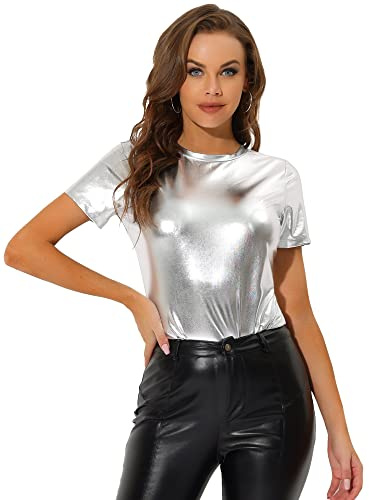 Allegra K Damen Sexy Clubwear Bluse Kurzarm Shiny Metallic Glittzer Tee Top Shirt Silber XL
