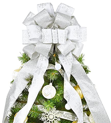 Christmas Tree Topper, 40x13 Inches Toppers Bow with Glitter Satin Mesh Streamer and Patterned Ribbon, Christmas Tree Topper Bow for Christmas Home Decoration (White)