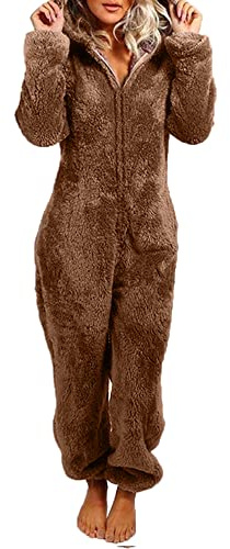 YILEEGOO Women Fleece Onesies Zip Up One Piece Hooded Pajamas Cozy Sleepwear Pyjamas Autumn Winter Warm Loungewear Jumpsuit Brown