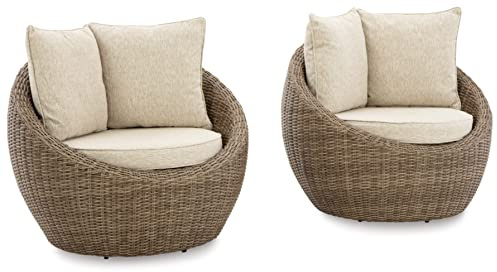 Signature Design by Ashley Danson Outdoor Lounge Chair with Cushion and 360-Degree Swivel, Set of 2, UV-Resistant Performance Fabric and Resin Wicker, Light Brown