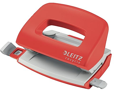 Leitz NeXXt Recycle Mini-Locher, 10 Blattlocher A4, kleiner Papierlocher für Büro & Schule, 100 Prozent recyclebar, Recycle-Sortiment, Rot, 50100025