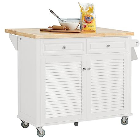 SoBuy FKW84-II-WN Kücheninsel mit 5 Rollen Küchenwagen mit erweiterbarer Arbeitsplatte Küchenschrank Servierwagen Sideboard auf Rollen weiß BHT ca. 115x94x46-71cm