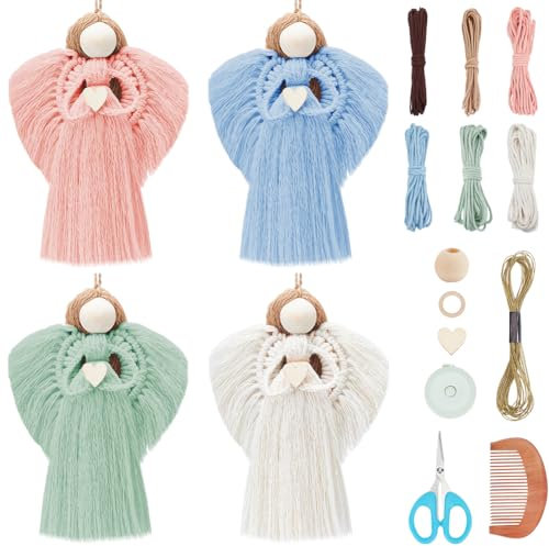 FREEBLOSS 4 Satz Makramee-Anfänger-Set DIY Makramee-Engel-Bausatz DIY Makramee-Kit für Anfänger mit Anleitung Boho Engel Dekoration Erwachsene Bastelset für Erwachsene geschenk