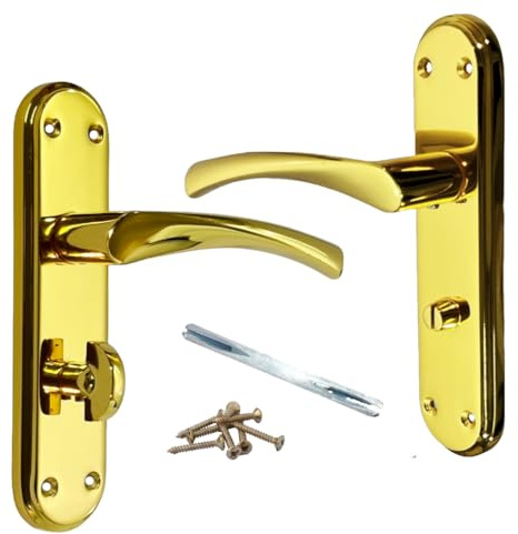 Betley Butterfly Genova Door Handles Polished Brass Twist Lever Bathroom Lock on Modern Marina Backplate for Internal Wooden Doors