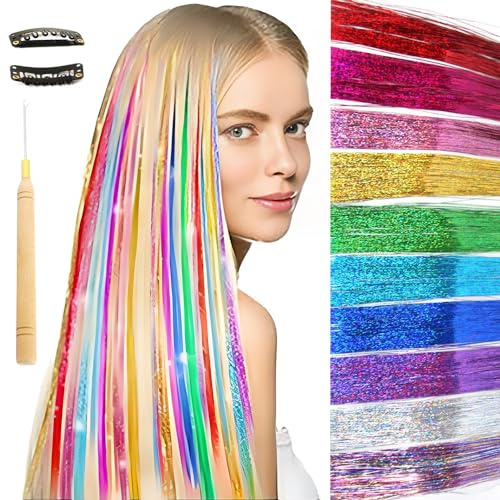 Dsoar 1600 Stränge Glitter Haar Flitter Extensions 36 Zoll 10 Farben Haarsträhnen Kit Funkelnde Glänzende Haare Flair Party Highlights Hitzebeständig Erweiterungen für Frauen Mädchen