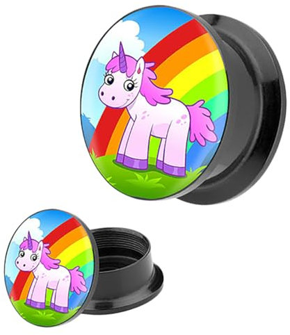 Piersando Ohr Plug Flesh Tunnel Piercing Ohrpiercing Picture Motiv Einhorn mit Regenbogen 12mm